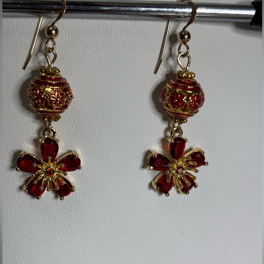 Red and Gold Cloisonné and Floral Earrings 2 inches - Picture 7 of 7